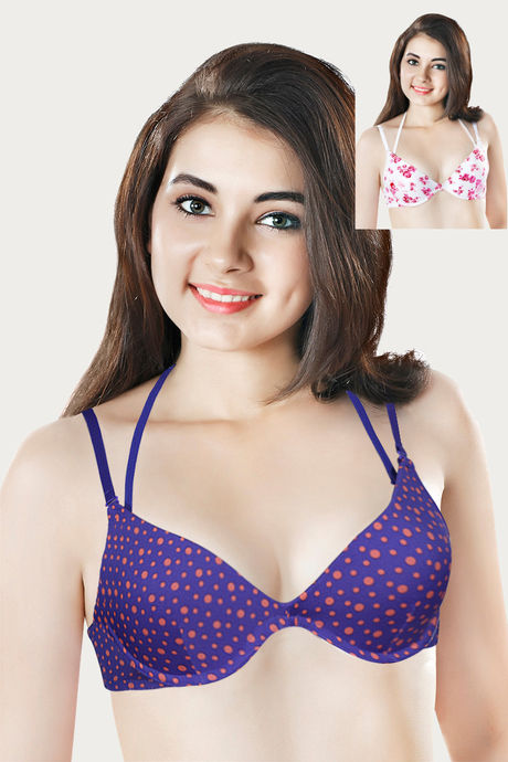 Amante Pack of 2 Halter Neck Underwired Bra- Purple Polka n White Floral