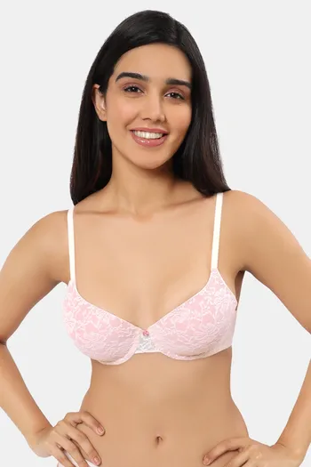 Buy Amante Solid Padded Wired Full Coverage Lace Bra - Grey online