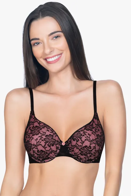 Amante Floral Romance Padded Wired Full Coverage Lace Bra - Black Sea Pink
