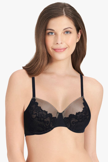 Buy Amante Lace Padded Wired Demi Coverage Sheer Luxe Bra- Black Online