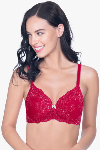 Buy Amante Lace Delight Padded Non Wired Full Coverage Lace Bra - Red Obsession