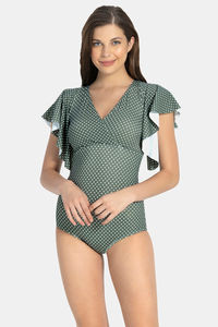 Buy Amante Ruffel Sleeve Swimming Dress - Olive Polka Print