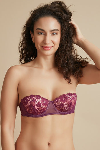 Zivame Luxe Lace Padded Wired Medium Coverage Strapless Bra-Burgundy