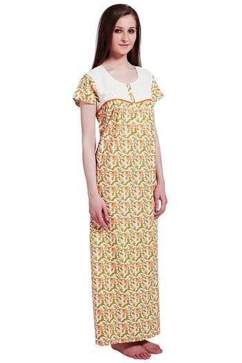 Buy Rosaline Pure Cotton Comfort Full Length Nighty- Orange Floral Print at  Rs.1099 online