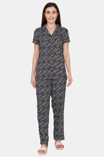 Buy Coucou Woven Printed Pyjama Set - Black Abstract Print
