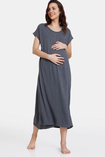 Coucou Bamboo Cotton Maternity Mid Length Loungewear Dress With Front Open  With Discreet Feeding - Flint Gray