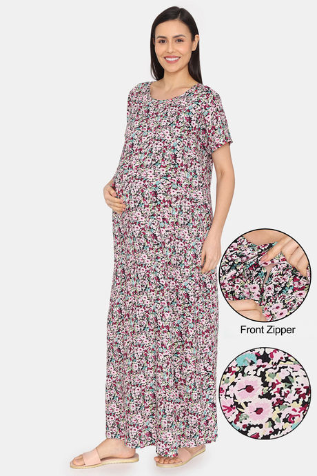 beebelle Pink Floral Printed Pure Cotton Maternity & Feeding Nightdress -  Absolutely Desi