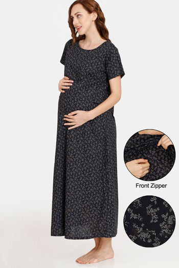 Buy Coucou Maternity Woven Full Length Loungewear Dress Front Zipper With  Discreet Feeding - Black Ink at Rs.1699 online