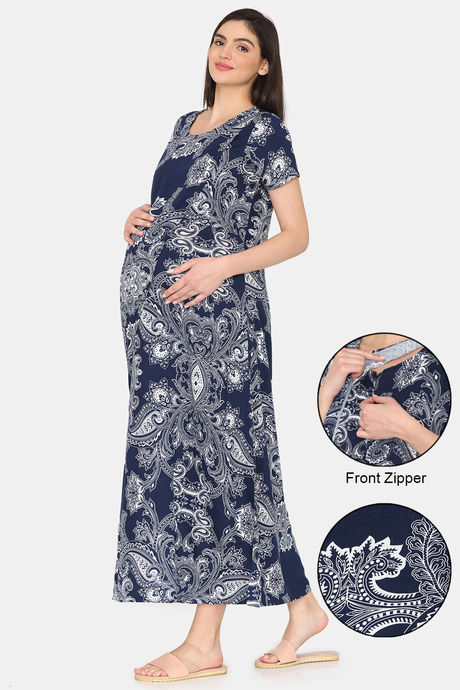 Buy Coucou Maternity Woven Full Length Loungewear Dress With Front Zipper  And Discreet Feeding - Blue Depths at Rs.1699 online