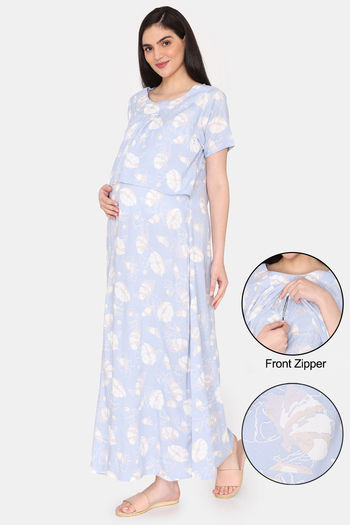 Buy Coucou Maternity Woven Full Length Nightdress With Front Zipper And Discreet Feeding - Ether