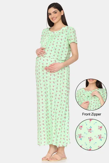 Buy Coucou Maternity Woven Full Length Nightdress With Front Zipper And Discreet Feeding - Limecream