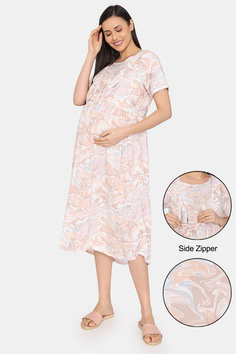 Buy Coucou Maternity Woven Mid Length Nightdress With Side Zipper And Discreet  Feeding - Cream Pink at Rs.1039 online