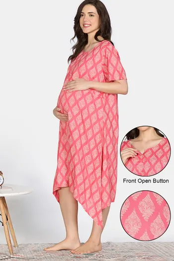 Buy Coucou Maternity Woven Mid Calf Length Loungewear Dress With Front Open Button - Coralreef