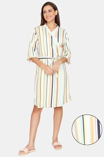 Buy Coucou Above Knee Robe With Tie On - Fusion Coral Stripe