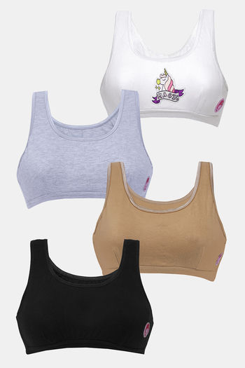 D'chica Pack of 4 Bras  1 White Printed Beginner/Sports Bra   3 Solids