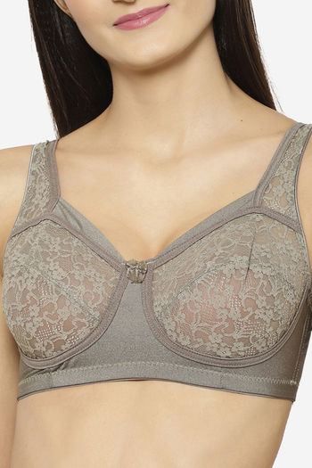 Buy Floret Women's Non-Padded & Non-Wired Full Coverage Cross-Elastic Lace  Bra Olive at