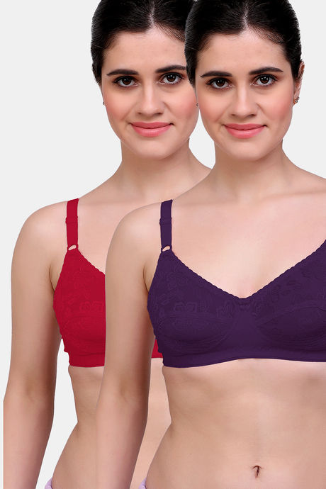 Buy Maroon Clothing Double Layered Non-Wired Full Coverage Lace Bra (Pack  Of 2) - Red, Purple at Rs.430 online