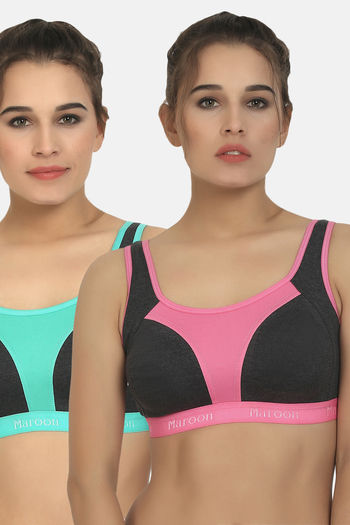Buy Maroon Clothing Medium Impact Relaxed Non Padded Sports Bra (Pack of 2)  - Assorted at Rs.462 online
