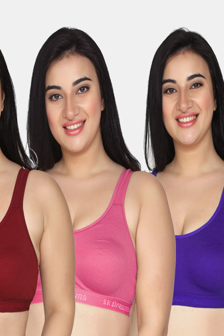 Buy Maroon Clothing Medium Impact Relaxed Non Padded Sports Bra (Pack of 3)  - Assorted at Rs.556 online