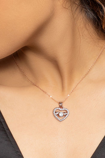 Sterling Silver & 14K Rose Gold Diamond Heart Lock & Key Pendant