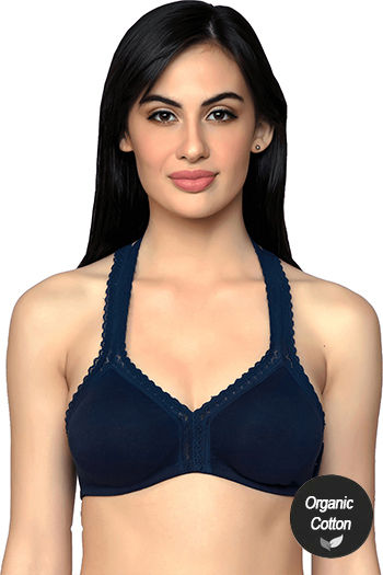 Buy InnerSense Organic Cotton Double Layered Removable Cookie Halter Neck  Bra - Navy at Rs.799 online