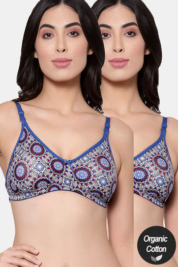 InnerSense Bamboo Cotton Double Layered Non-Wired Full Coverage T-Shirt Bra  (Pack of 2) - Blue Print Blue Print