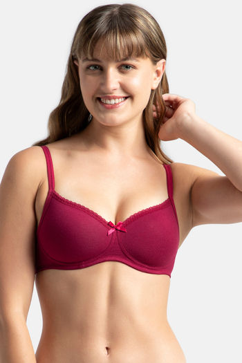Women's Wirefree Padded Super Combed Cotton Elastane Stretch Medium  Coverage Lace Styling T-Shirt Bra with Adjustable Straps - Prune