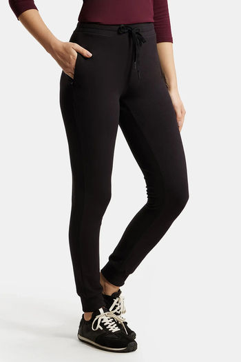 Women's Super Combed Cotton Elastane French Terry Slim Fit Joggers With  Zipper Pockets - Black