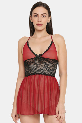 Buy XIN Polyester Babydoll with Thong - Maroon