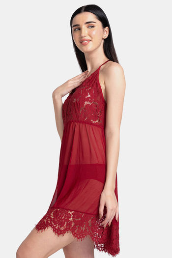Buy Ms.Lingies Lace Babydoll With Robe And Thong - Brown at Rs.2199 online  | Nightwear online