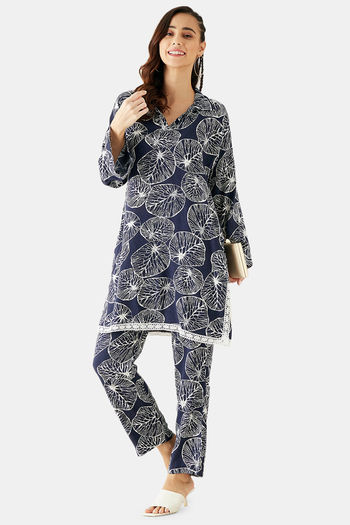 Buy The Kaftan Company Rayon Pyjama Set - Navy Blue