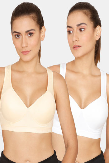 Buy Lady Lyka Medium Impact Seamless Cotton Sports Bra (Pack of 2) - Skin White