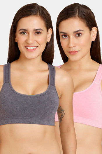 Buy Lady Lyka Medium Impact Seamless Cotton Sports Bra (Pack of 2) - Grey Pink