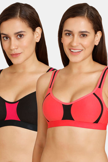 Buy Lady Lyka Medium Impact Seamless Cotton Sports Bra (Pack of 2) - Black Plum