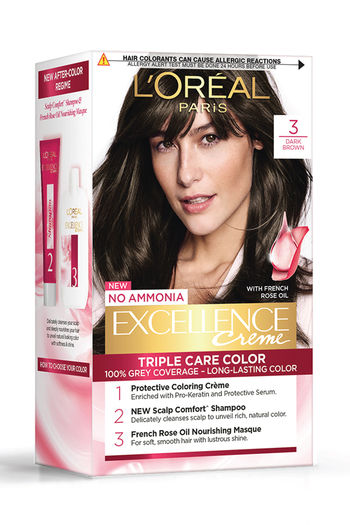 Buy L'Oreal Paris Excellence Creme Hair Color, 3 Dark Brown/Natural Darkest  Brown - 72 Ml + 100 G at  online | Beauty online