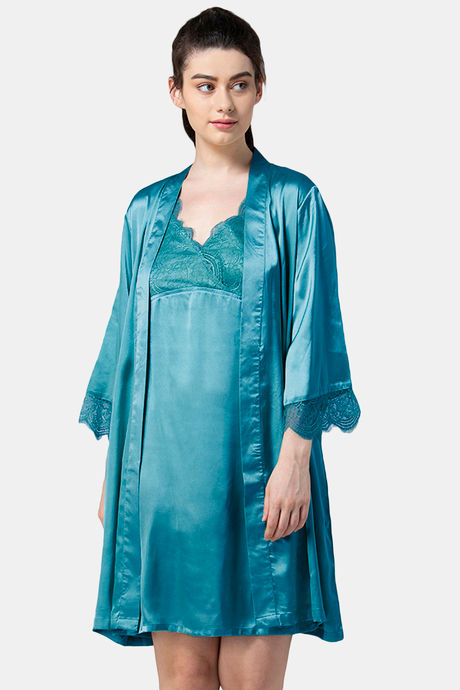 Buy Adorenite Relaxed Fit Satin Nightwear Robe Turquoise Blue