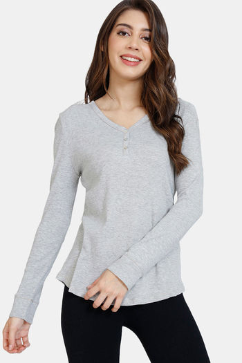 Buy Marks & Spencer Cotton Ribbed Henley Top - Grey Marl