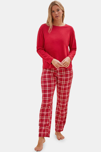 Marks Spencer Cotton Pyjama Set Red Mix
