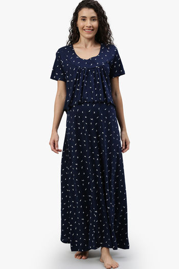 Buy Navy Blue Cotton Printed Maternity Dress for Women Online at
