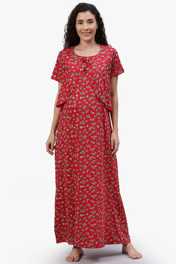 Buy Nejo Anti Microbial Cotton Maternity Full Length Nightdress - Red