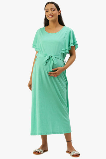 Buy Nejo Polyester Cotton Nursing / Maternity Home Dress - Ash Green