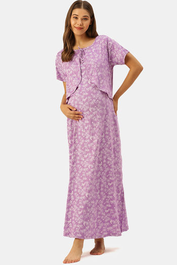 Buy Nejo Cotton Maternity Full Length Nightdress - Lilac Print