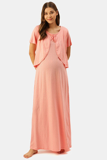 Buy Nejo Cotton Maternity Full Length Nightdress - Coral Print
