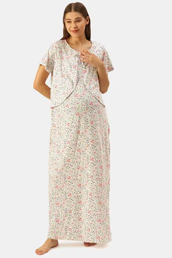 Buy Nejo Cotton Maternity Full Length Nightdress - White Print