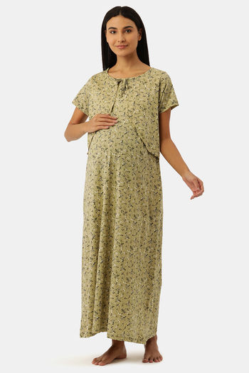 Buy Nejo Cotton Full Length Maternity Nightdress - LightoliveAop