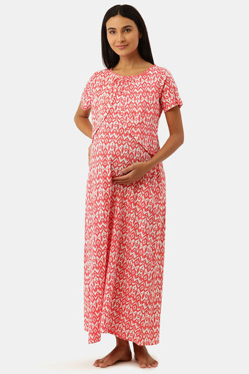 Buy Nejo Cotton Full Length Maternity Nightdress - CoralwhiteAop