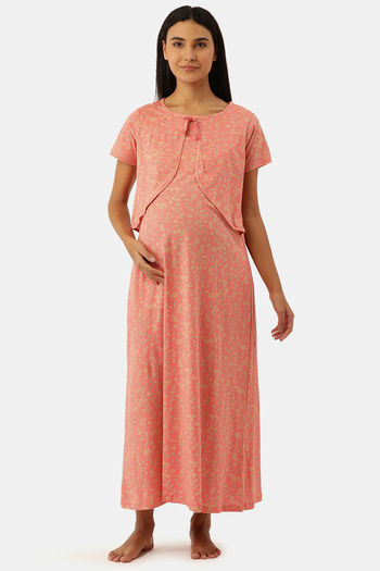 Buy Nejo Cotton Full Length Maternity Nightdress - PinkflowerAop