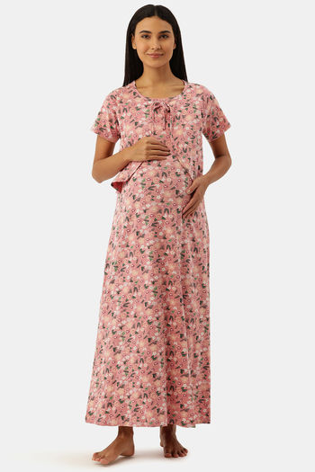Buy Nejo Cotton Full Length Maternity Nightdress - PinkgreenAop