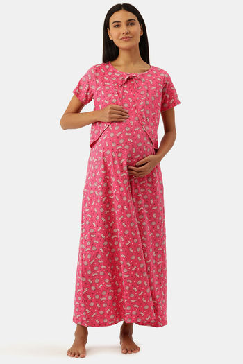 Buy Nejo Cotton Full Length Maternity Nightdress FuchsiaAop at