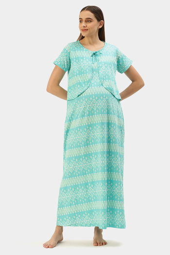 Buy Nejo Cotton Maternity Full Length Nightdress - Peacock